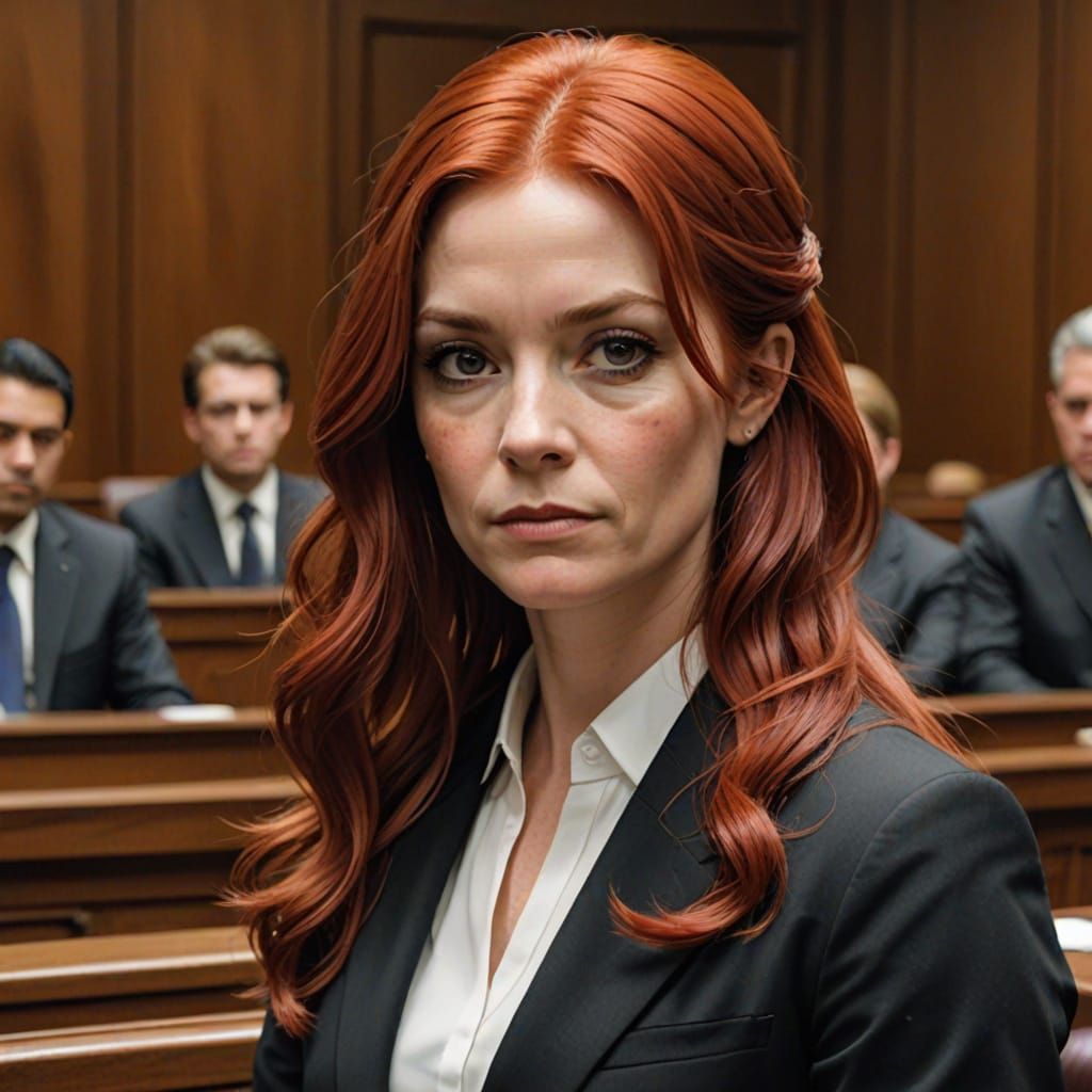 Red-Haired Woman in Courtroom Setting