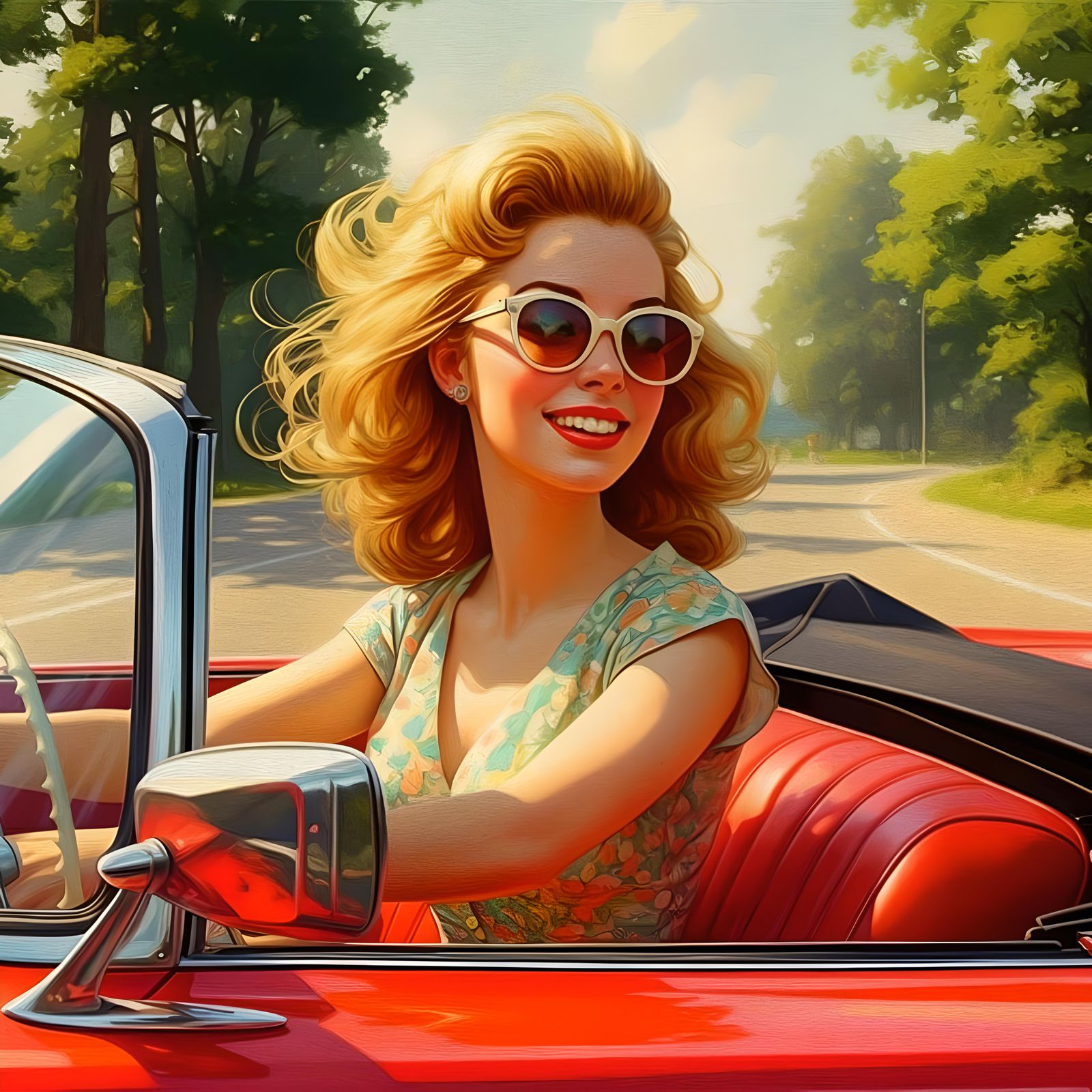 Nostalgic Woman Driving a Red Convertible, Pointillism Art