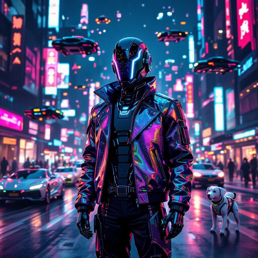 Cyberpunk Robot in Neon City with Flying Cars