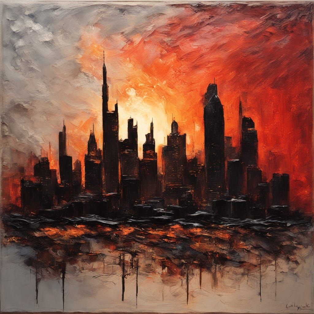 Encaustic Cityscape at Dusk with Vibrant Hues