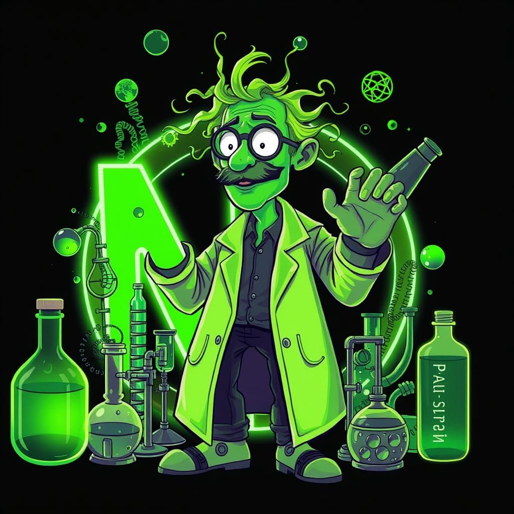 Vibrant Green Scientist Holding Fluorescent N in Organic Sty...