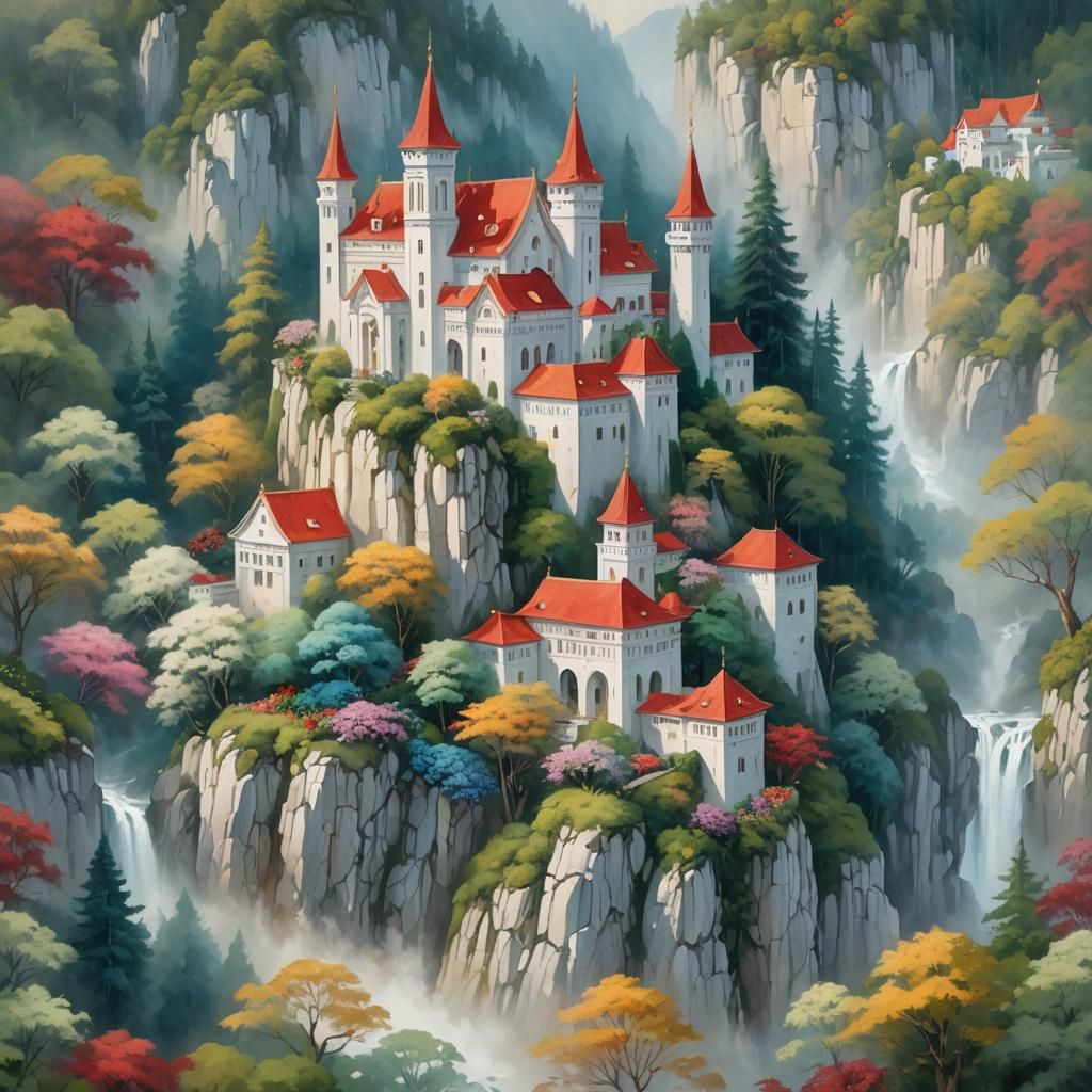 Majestic Palace on Misty Mountain in Oil Painting Style