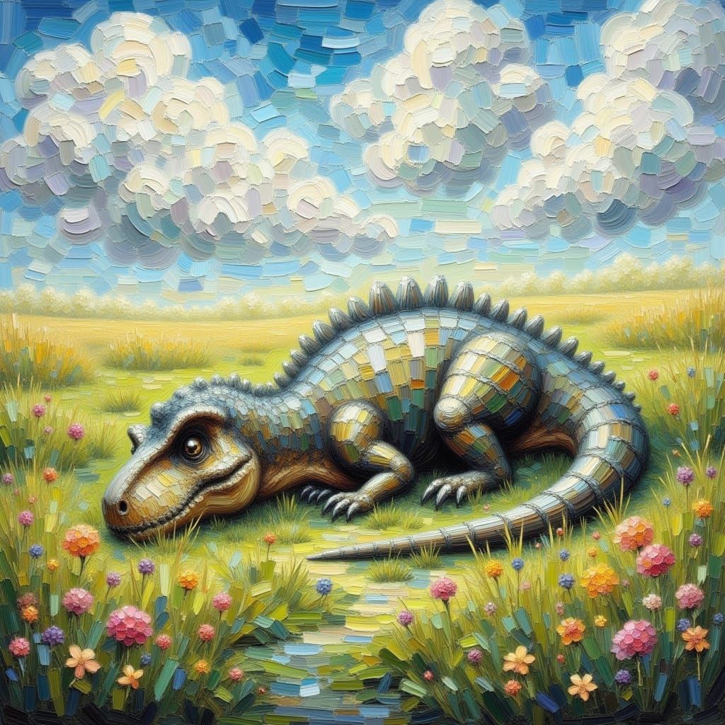T-Rex Sleeps: Impasto Painting in Lush Meadow