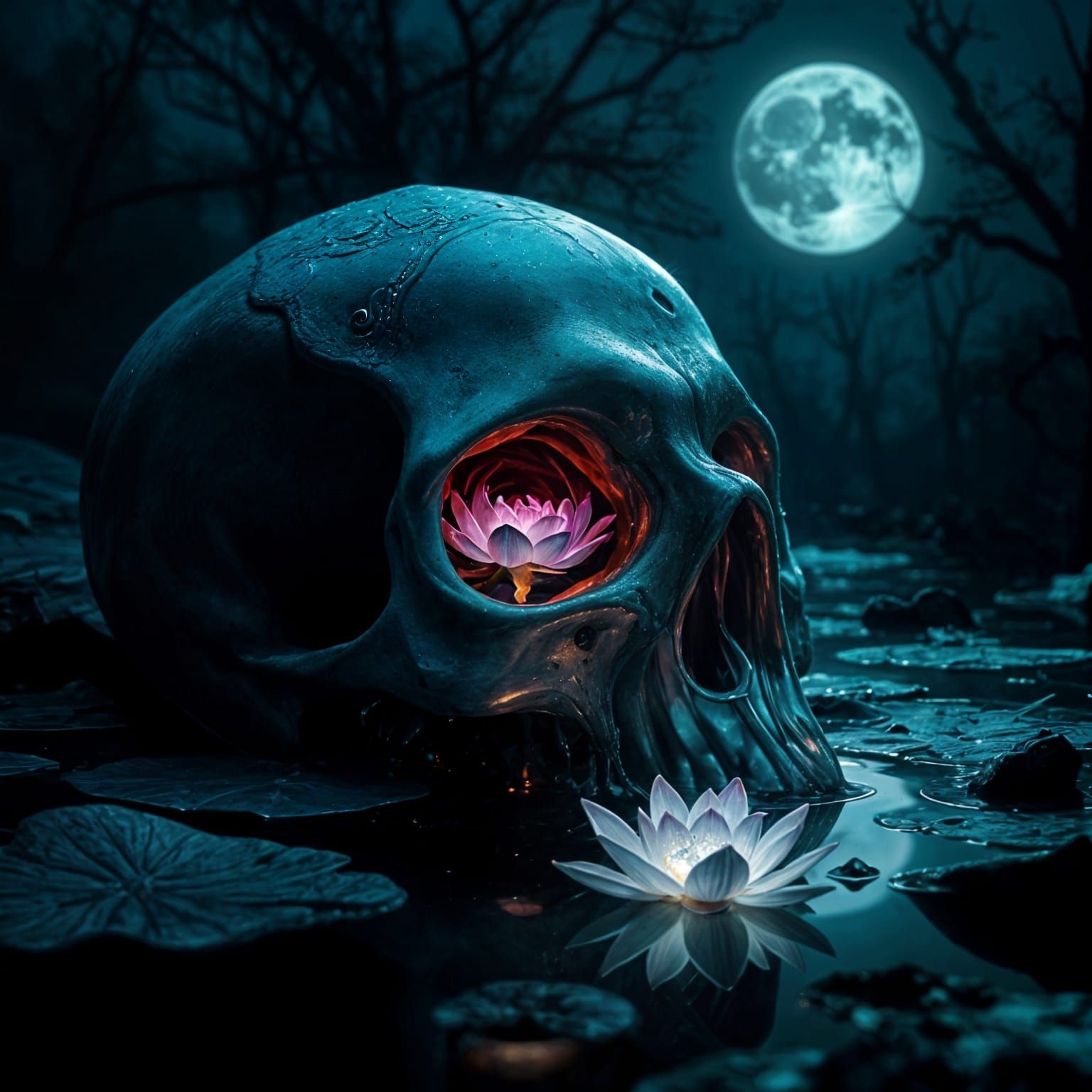 Noctilucent Lotus Skull in Pond at Night