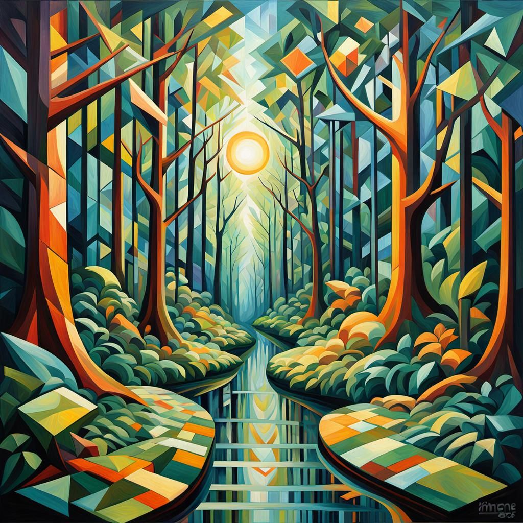 Cubist Forest Pathway with Mirror Reflection