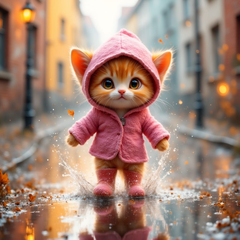 Kitten Splashing in Puddle: Pixar-Style 3D Art