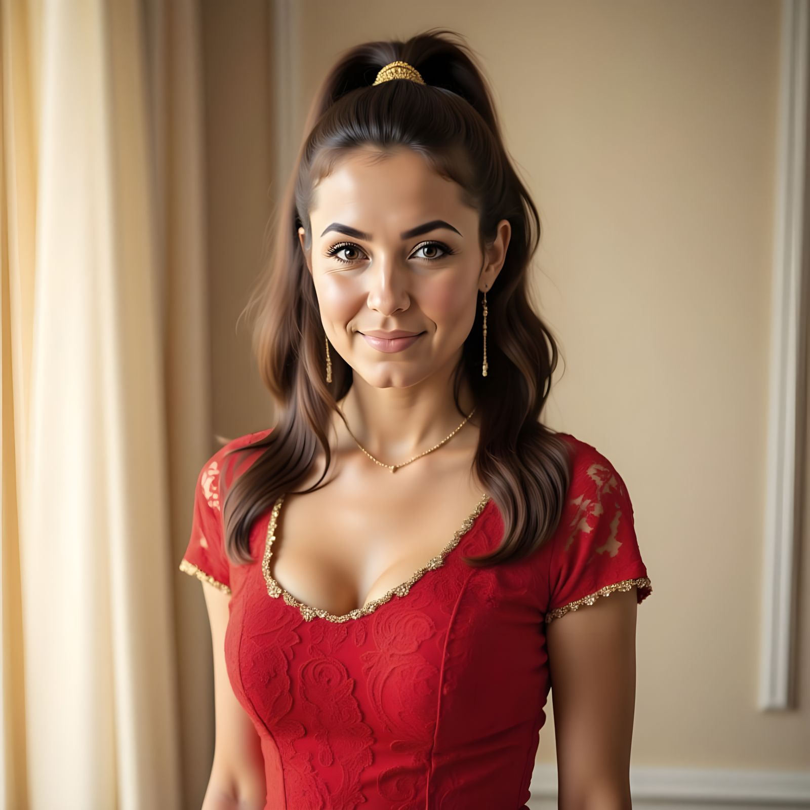 Elegant Portrait of Woman in Red Lace Dress