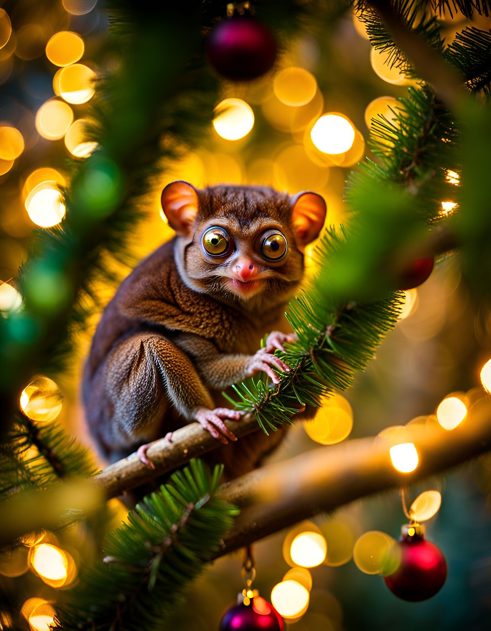 Tarsier Amongst Christmas Tree Bokeh
