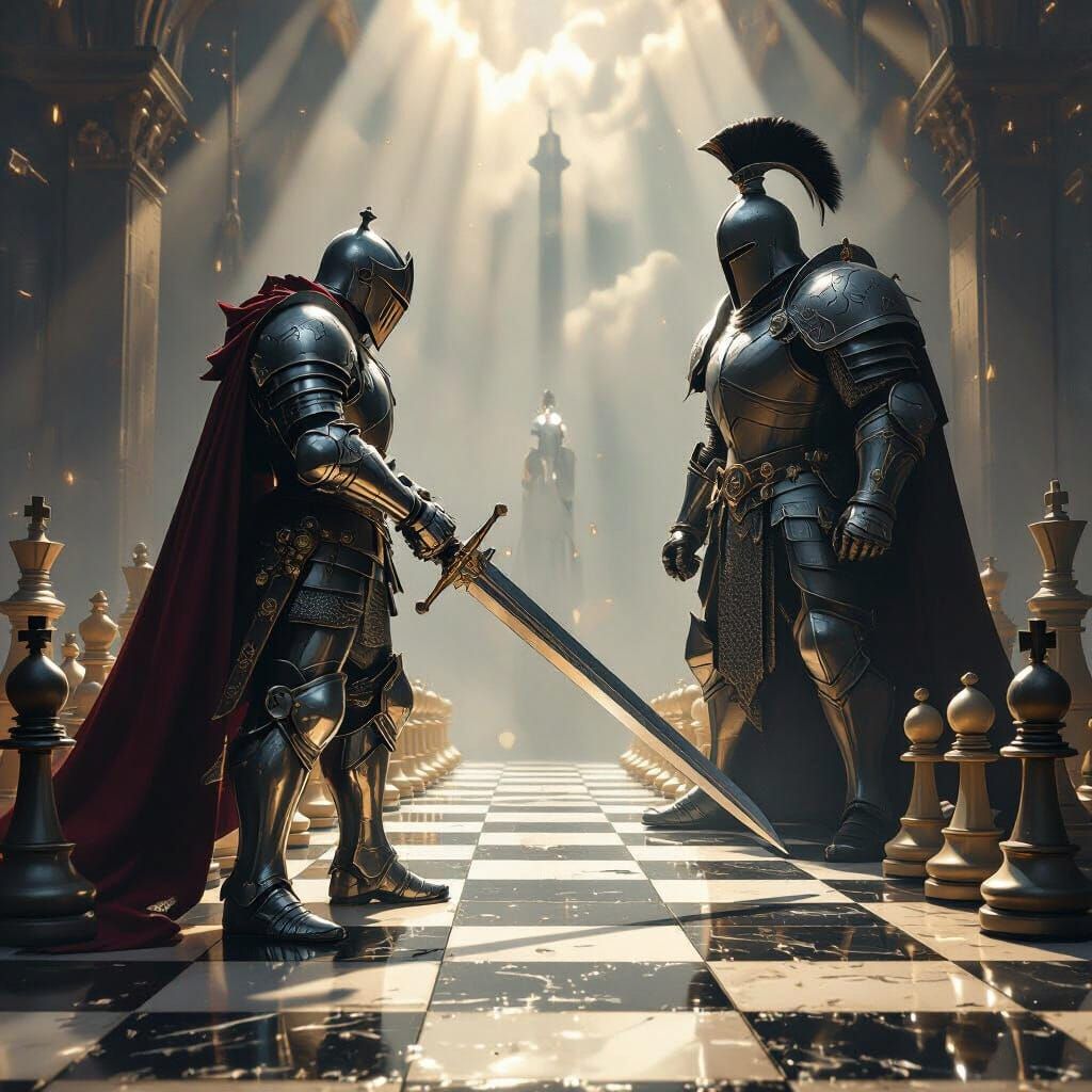 Knight Battles Humanized Rook on Giant Chessboard