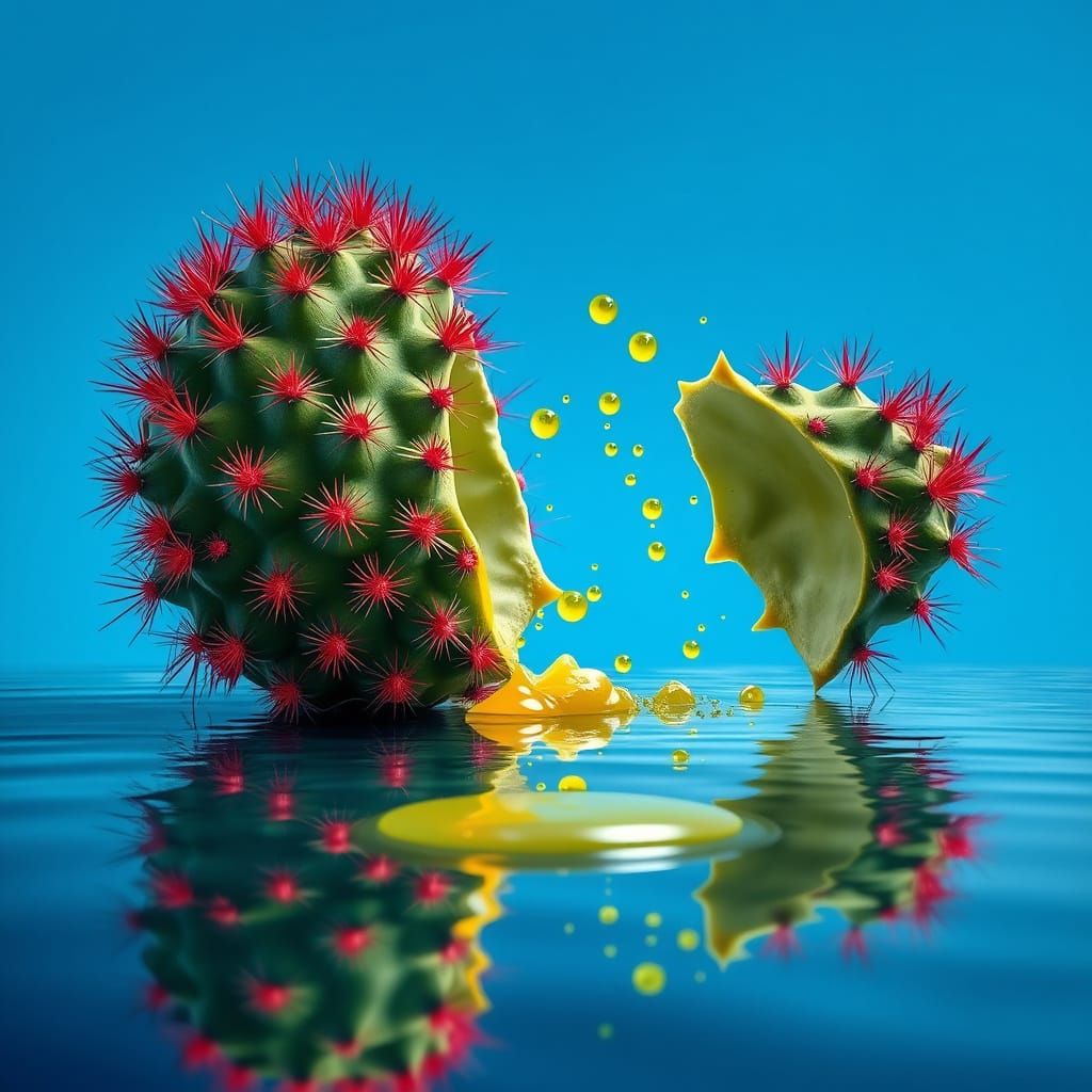 Hyperrealistic Green Cactus Explosion in Azure Blue