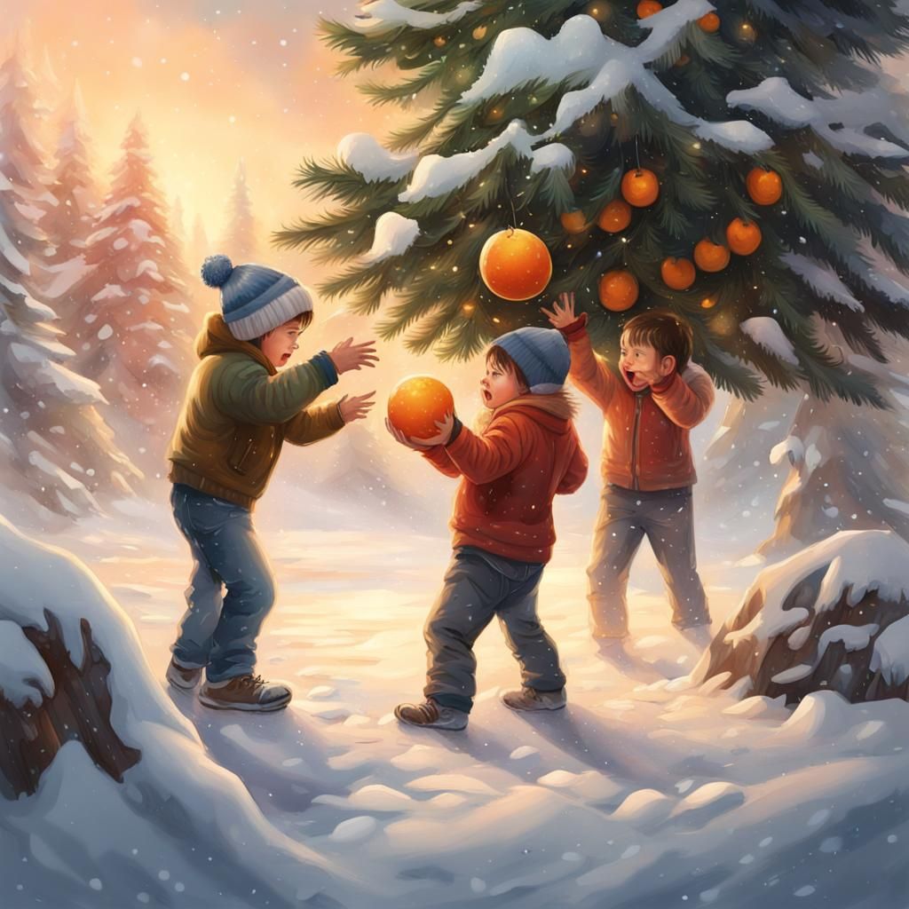 Children Play in Snowy Christmas Scene: Hyperrealistic Art
