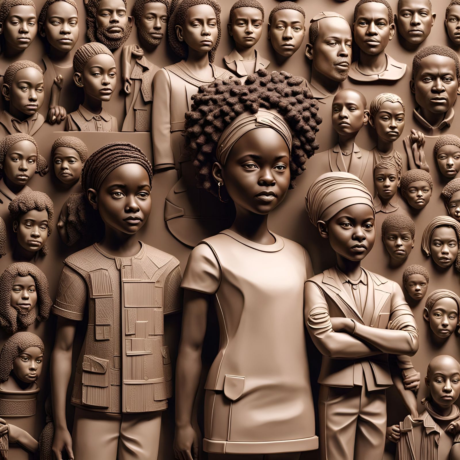 Create a realistic digital sculpture featuring a young African American girl and boy. Surround them with stylized bas-re...