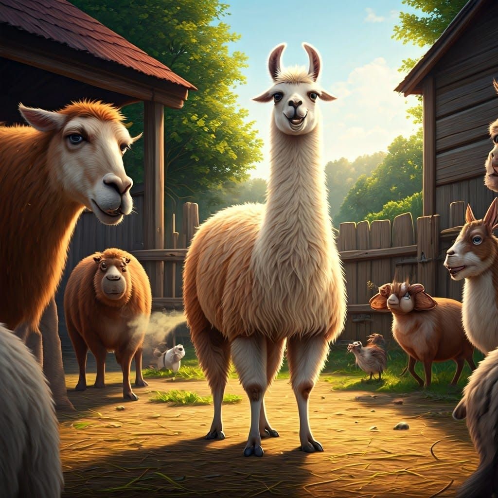 Humorous Llama Fart in Hyperrealistic Farmyard Scene