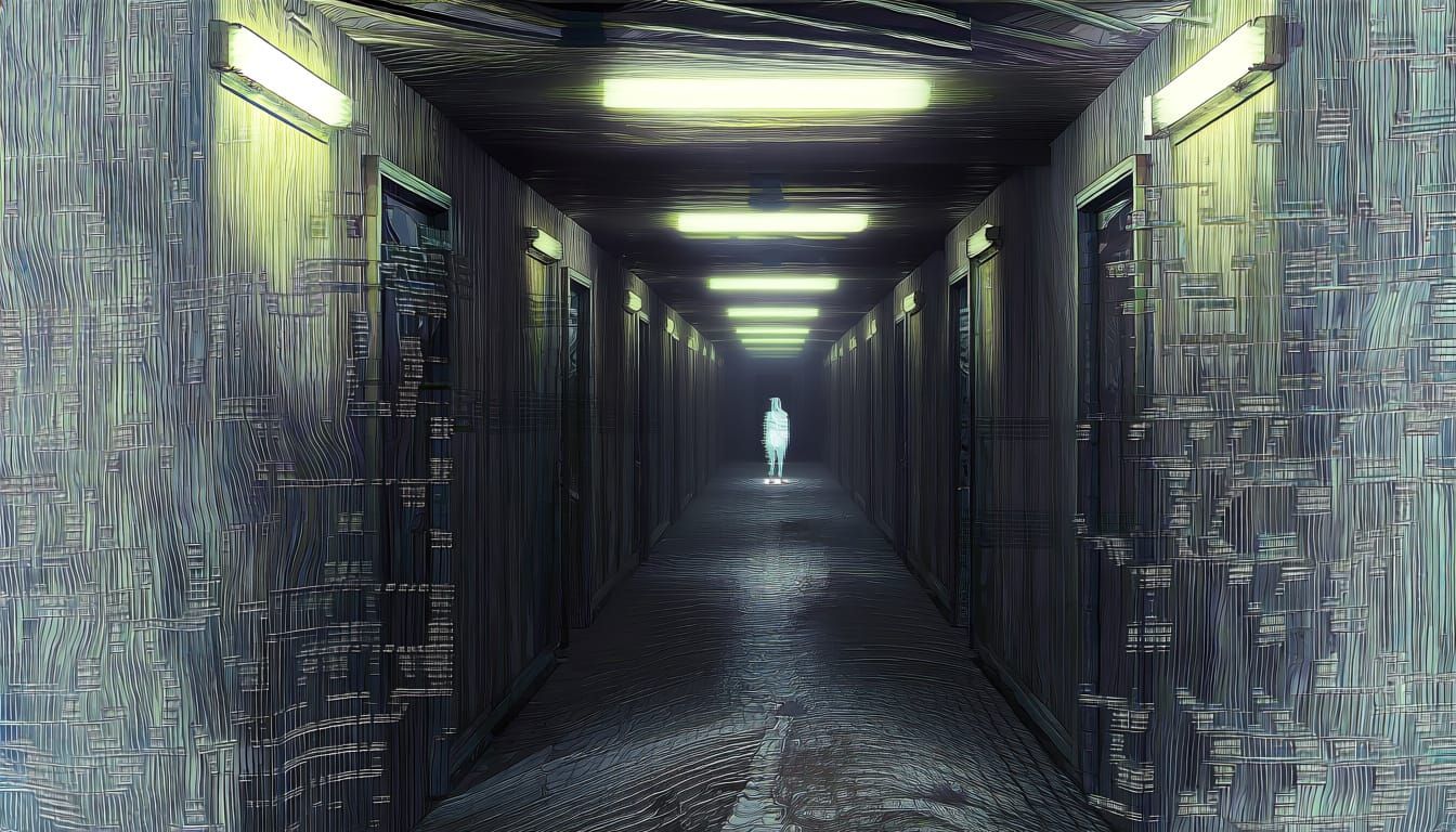 Surreal Digital Painting of an Endless, Oppressive Hallway