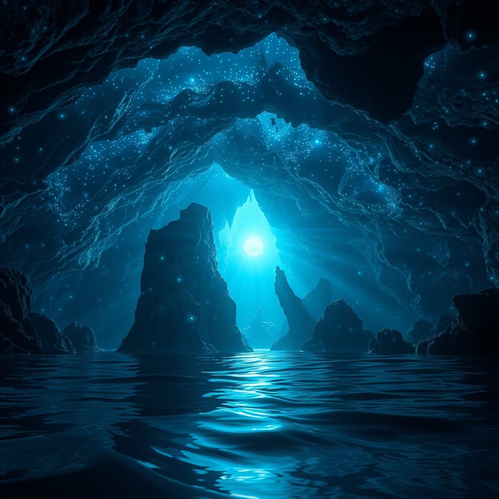 Ethereal Ocean Cave Illuminated by Blue Glow Worms