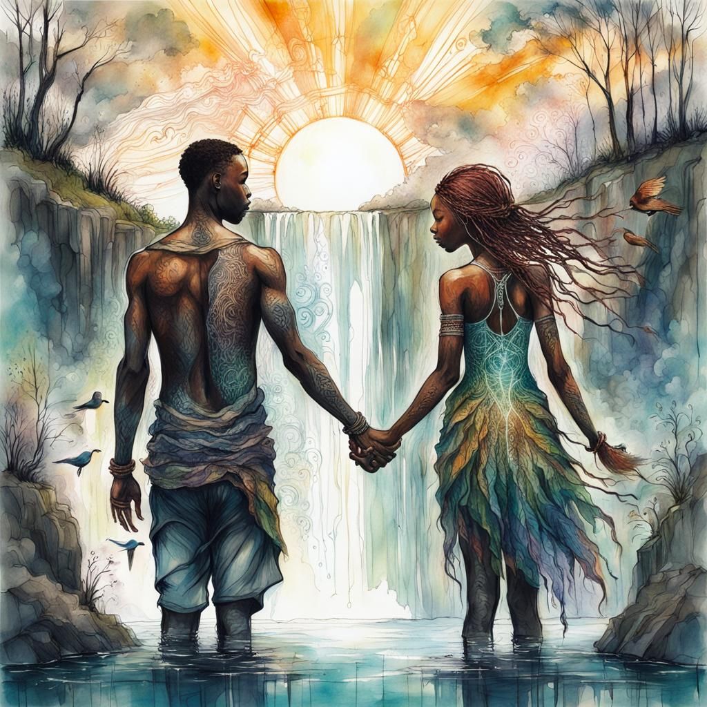 Whimsical Waterfall Scene with Zentangle Elements