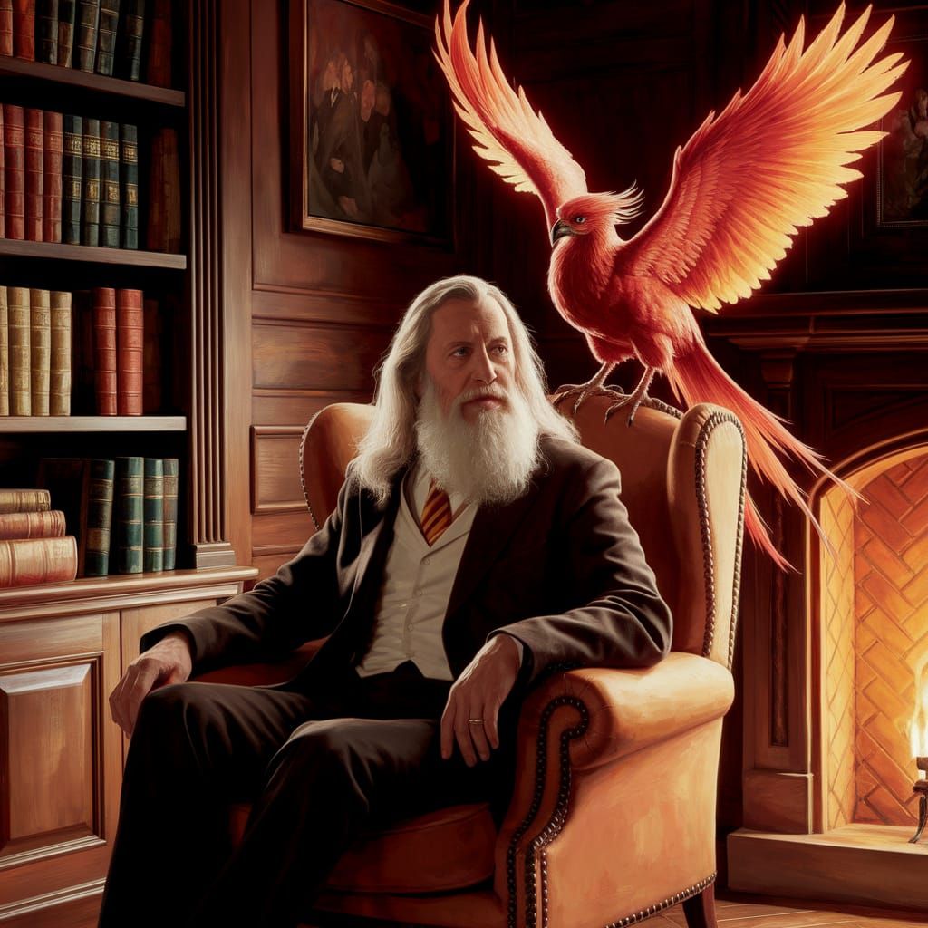 Dumbledore and Fawkes in Cozy Study, Oil Painting