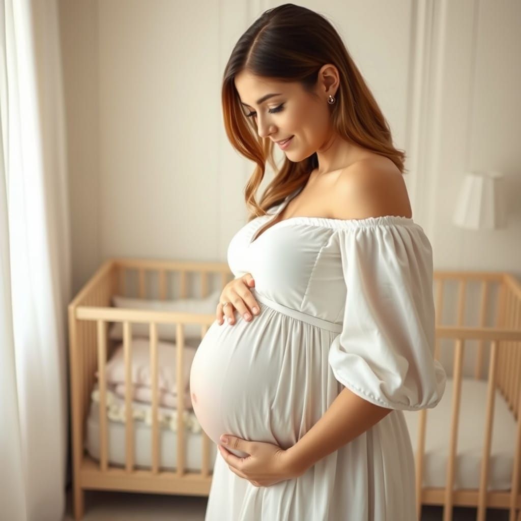 Serene Pregnant Mother in Cozy Nursery with Golden Glow