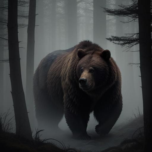 Viking Warrior and Giant Bear in Misty Forest