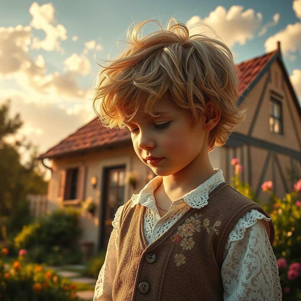 Whimsical European Boy Enjoys Sunshine in Quaint Cottage