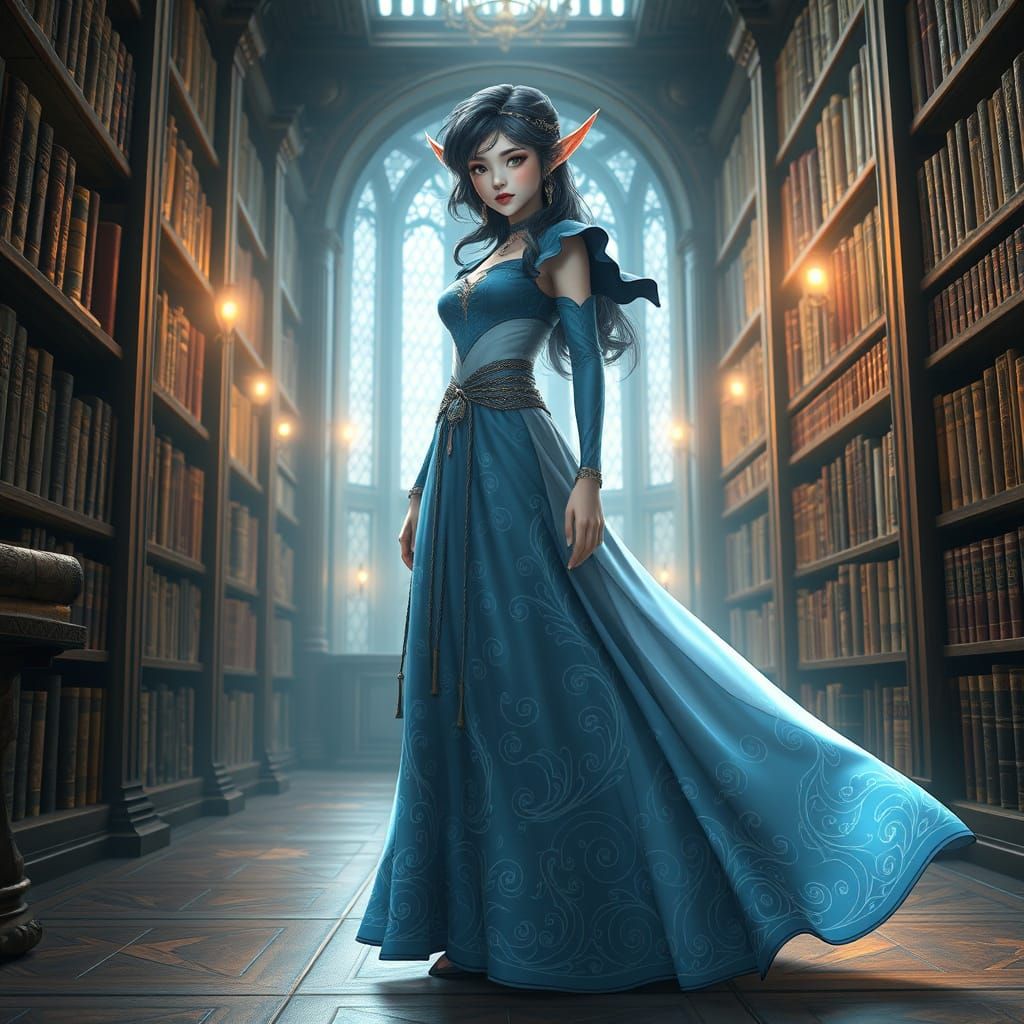 Elegant Elf Wizard in a Whimsical Library Scene