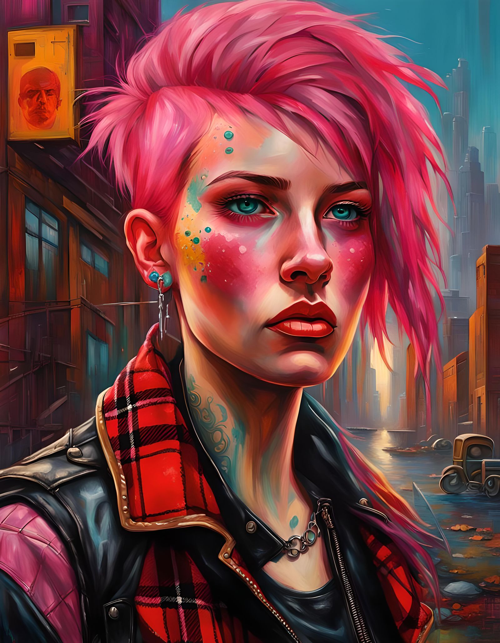 Pink-Haired Punk Rocker in Neon Cityscape