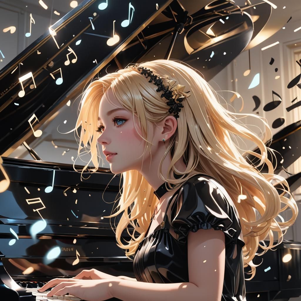 Anime Girl at Piano in Hyper-Realistic 3D Art