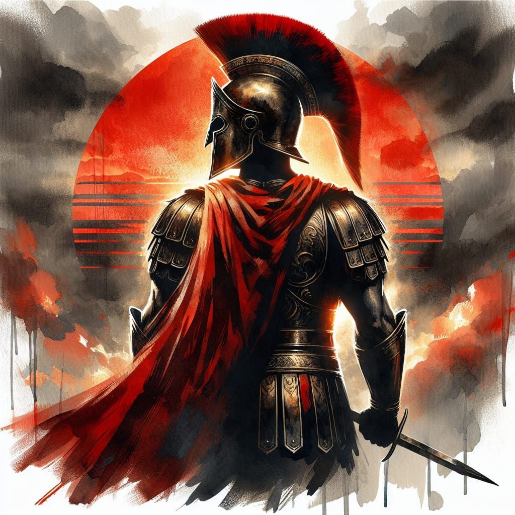 Spartan Warrior Silhouette Against Dramatic Sunset in Sumi-e...