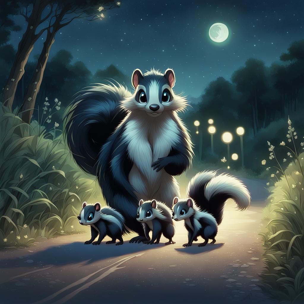 Skunk Family's Night Crossing in Anime Style