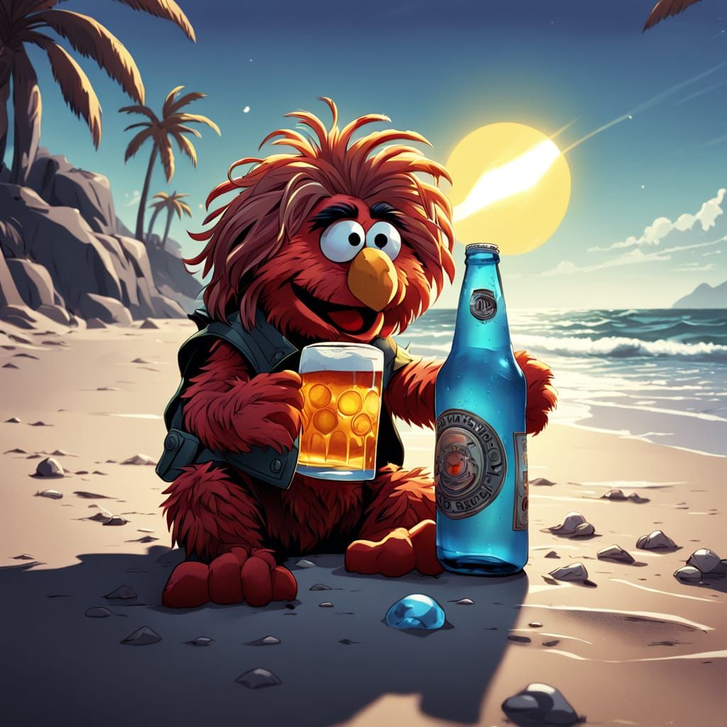 Surreal Cartoon Masterpiece of Elmo on Beach