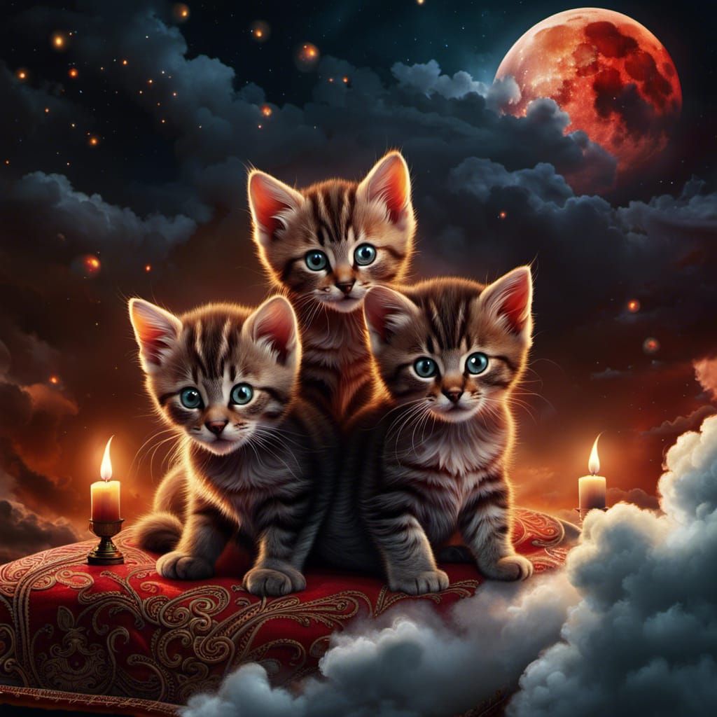 Sinisterly Cute Kittens on Flying Carpet at End of Universe