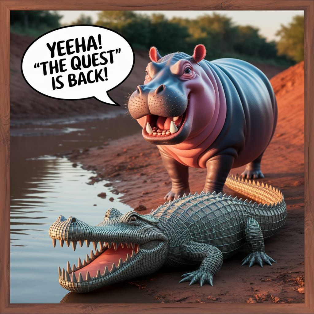 Exuberant Hippo and Wire Crocodile on African Riverbank