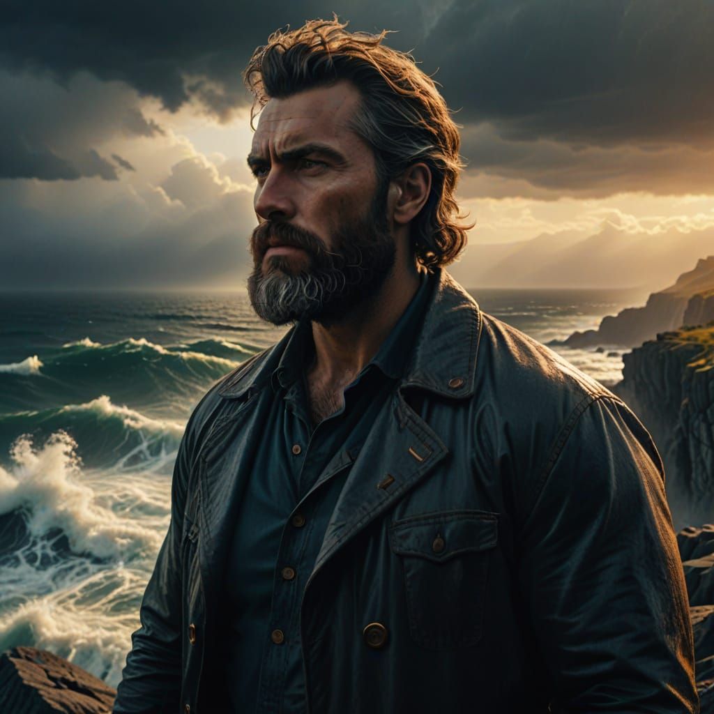 Man Overlooking Stormy Sea in Cinematic Realism