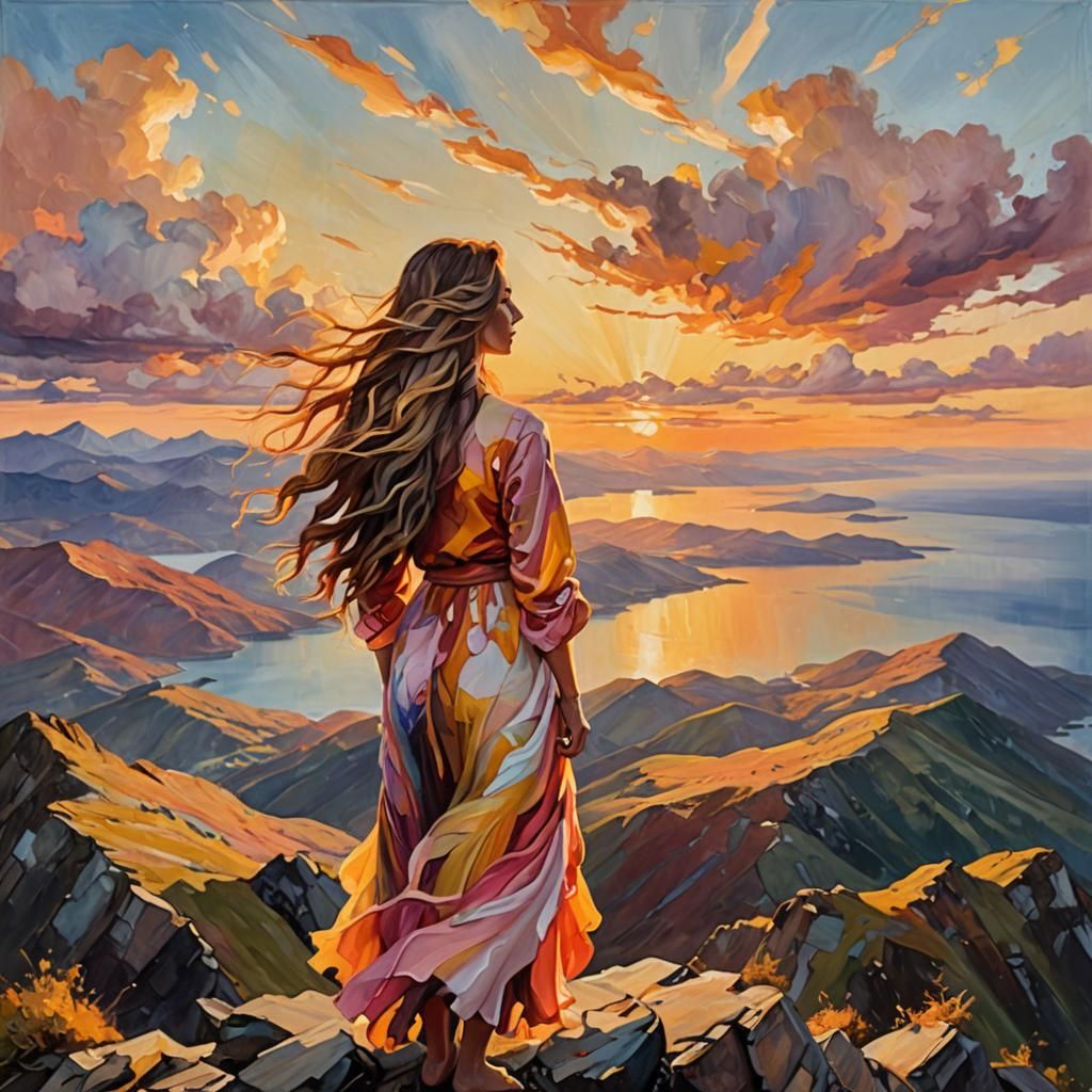 woman standing on top of a mountain at sunrise, gazing at th...