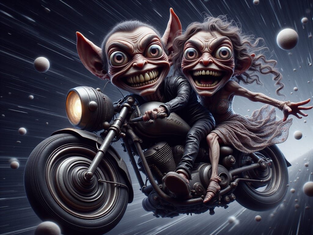 Mushroom People Ride Motorcycle Through Outer Space
