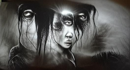 Charcoal Horror: Woman with Black Eye in Volumetric Lighting
