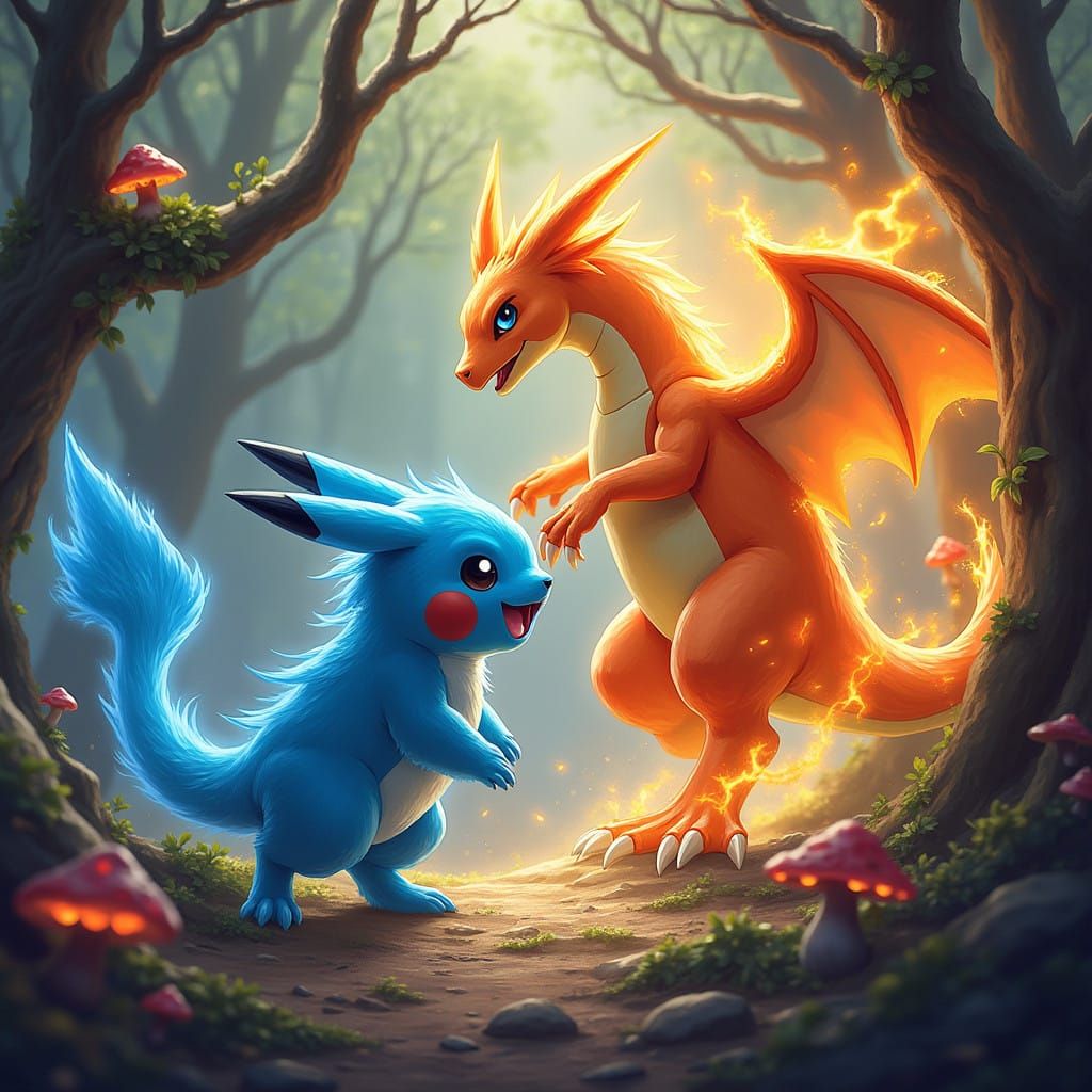 Pikachu Battles Charizard in Epic High-Fantasy Landscape