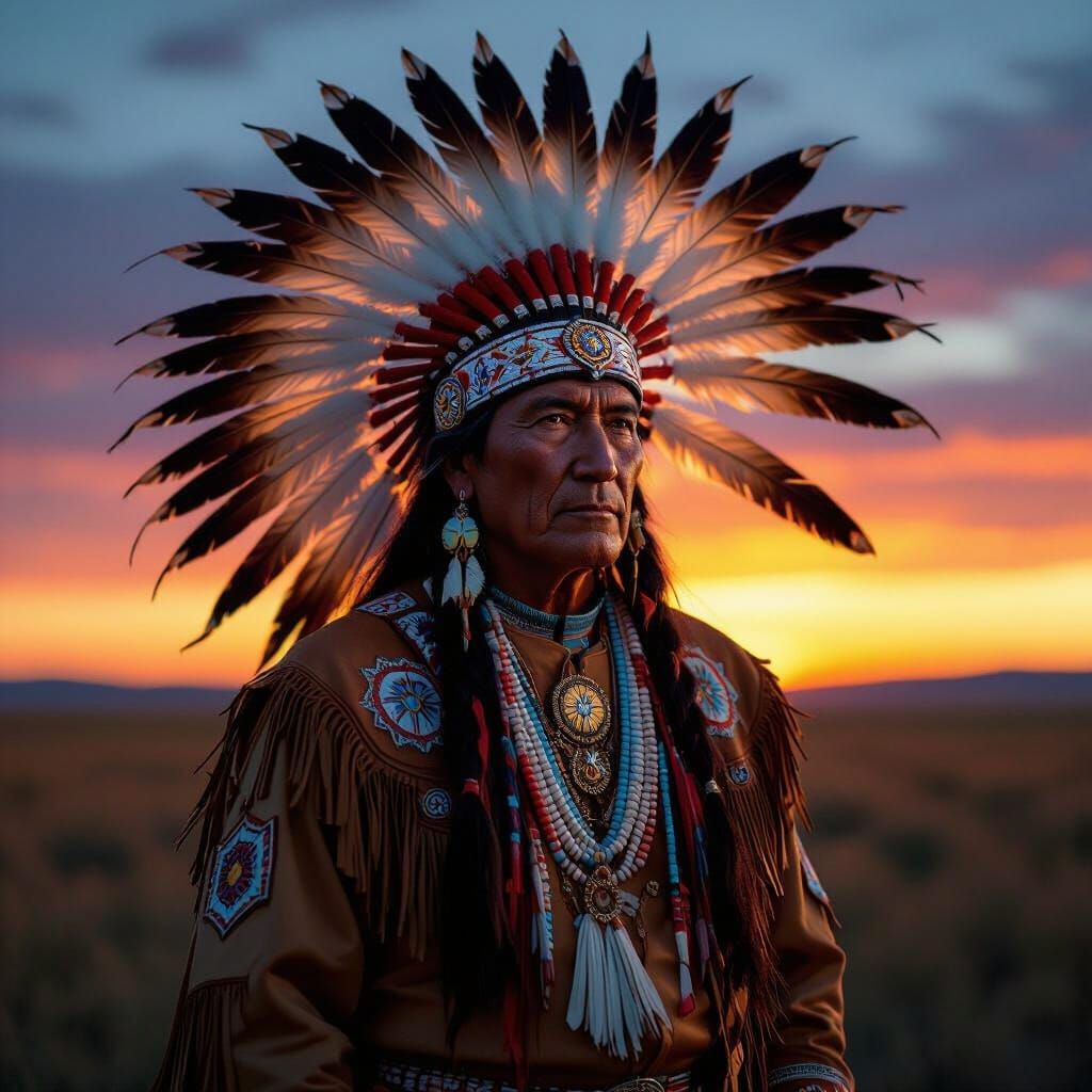 Native American Chief in Twilight, Photorealistic Western Ar...