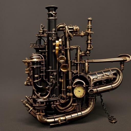 saxophone, steampunk, detailed, dark noir