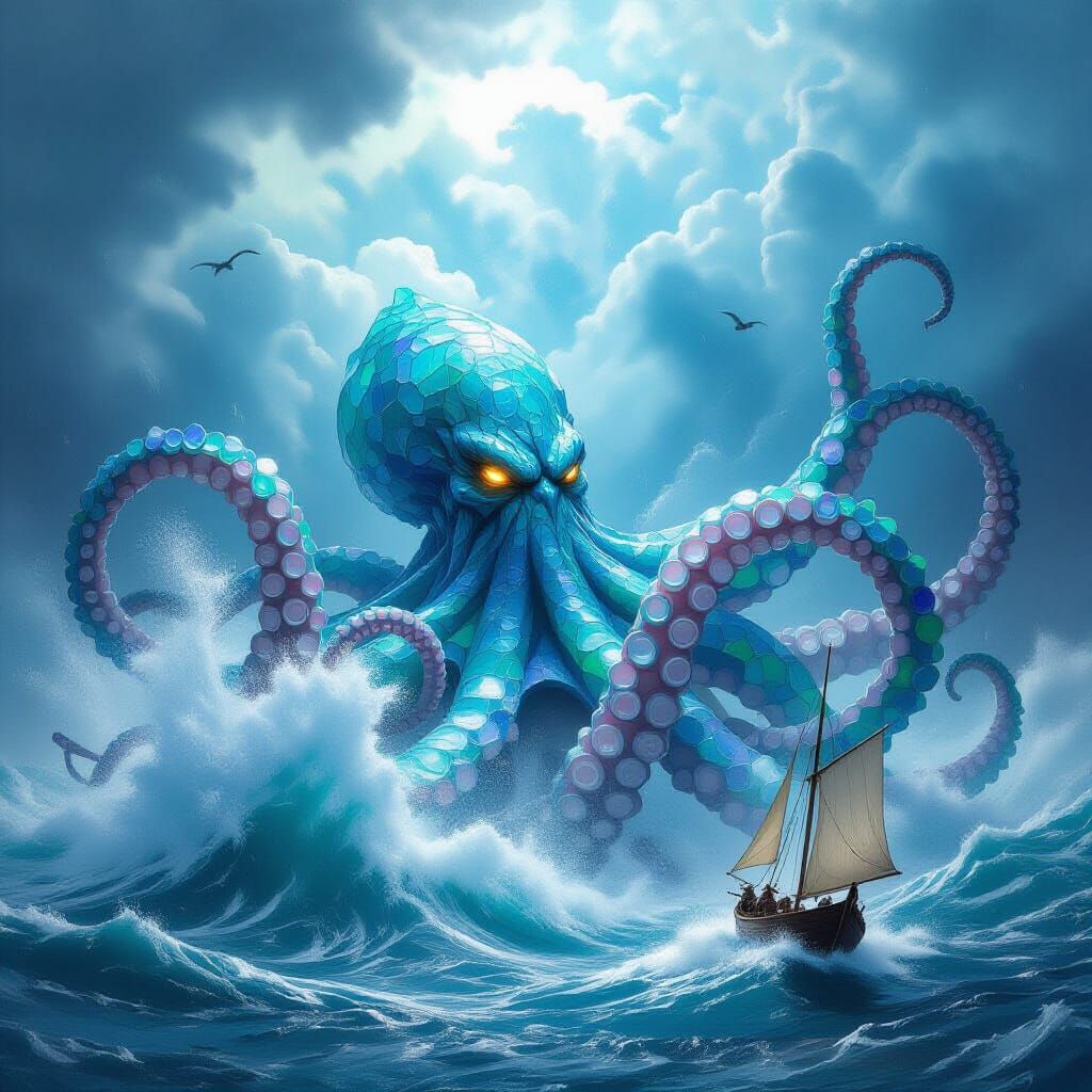 Colossal Kraken of Sea Glass in Stormy Seas