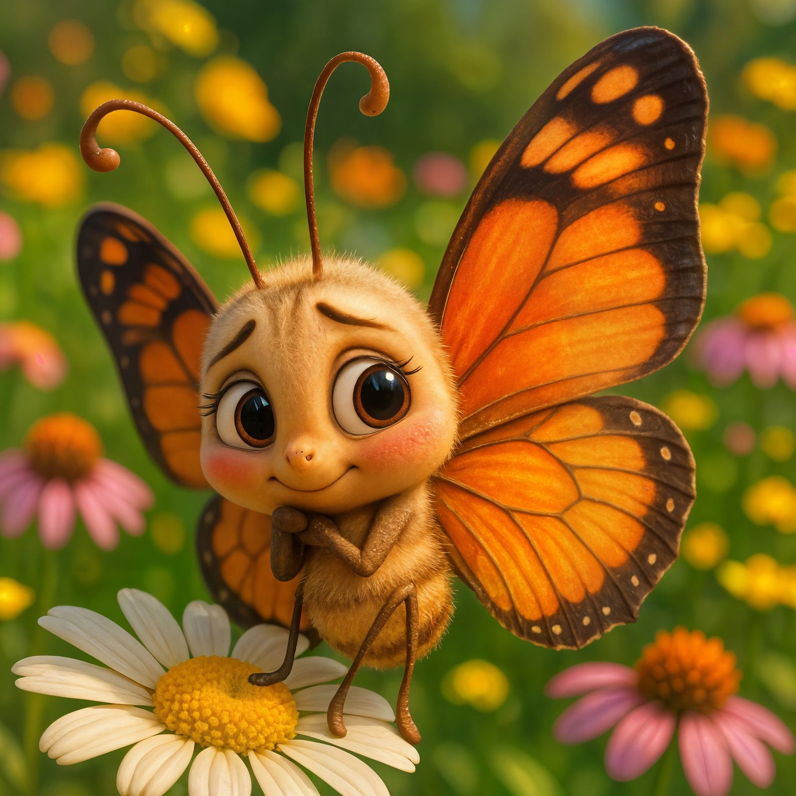 Adorable CGI Cartoon Butterfly in Flower Garden