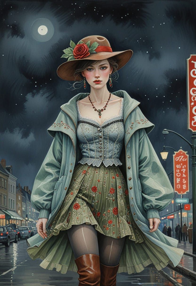 Rococo Beauty in Watercolor with Neon City Night