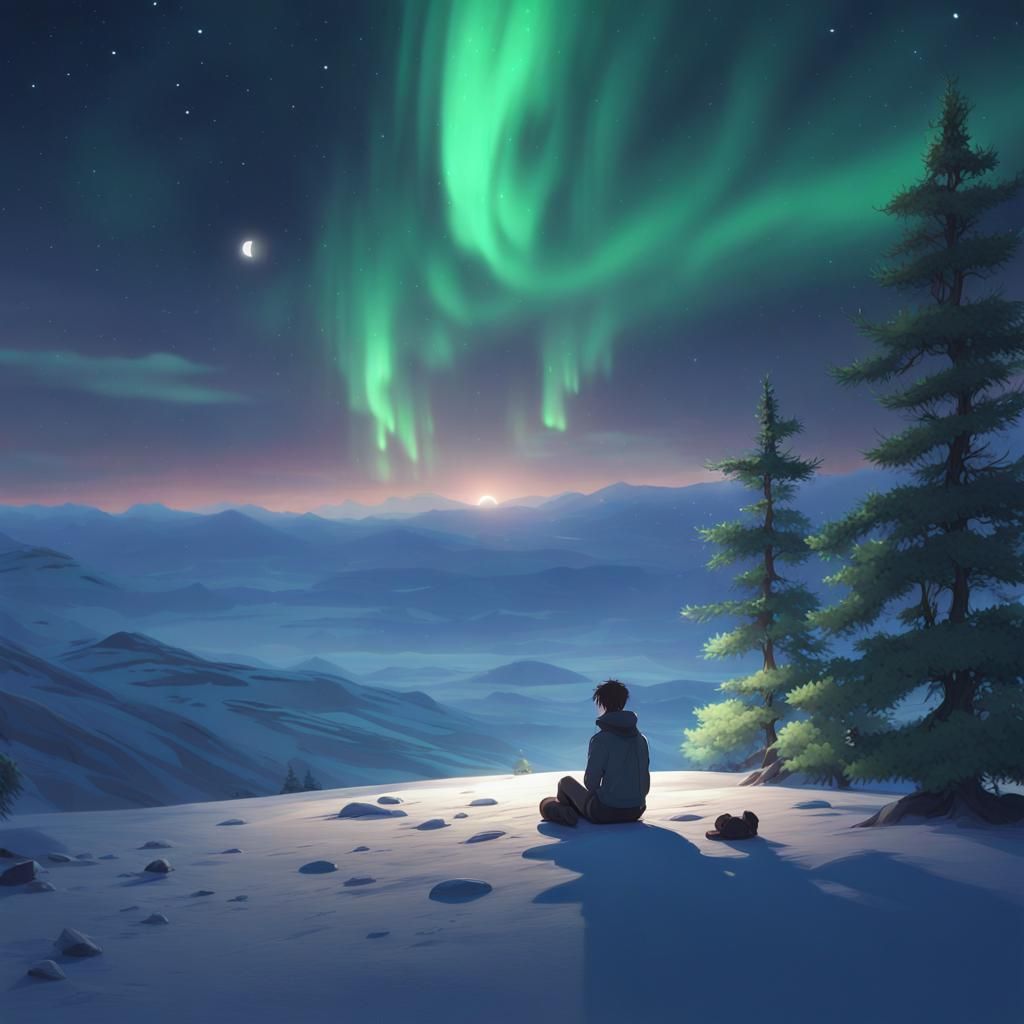 Mesmerizing Northern Lights Sky in Anime Style