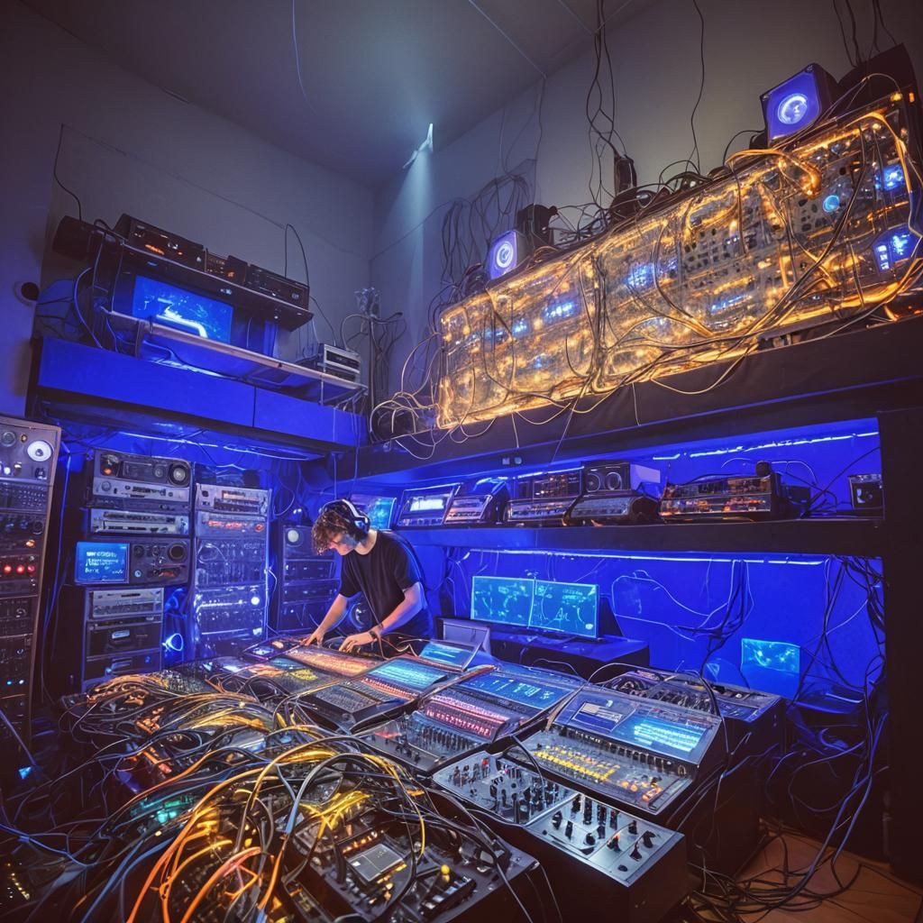 DJ in Cyberpunk Synth Room: Surreal Digital Art