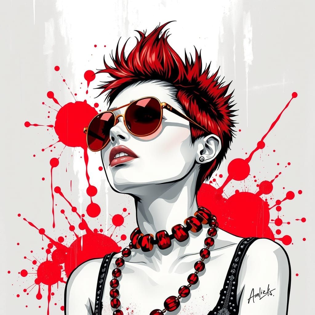 Punk Woman with Red Chrome, in Pop Art Style
