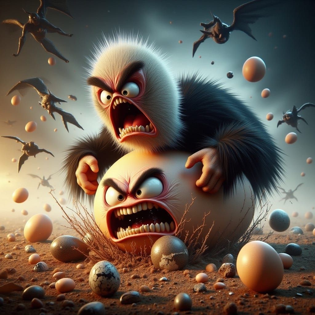 Ostrich and Angry Egg Caricature in Dark Fantasy Style