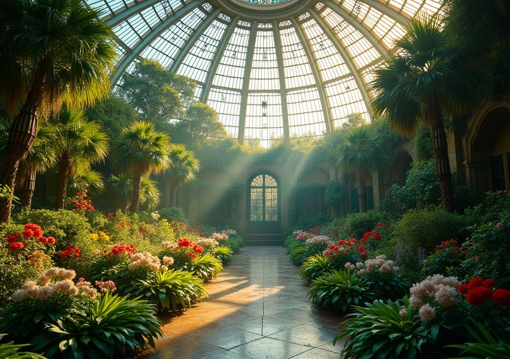 Lush Walled Garden Inside Intricate Glass Dome