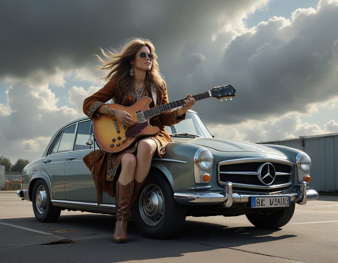 Janis Joplin in 60s Hippie Style, Gazing Up at Stormy Skies