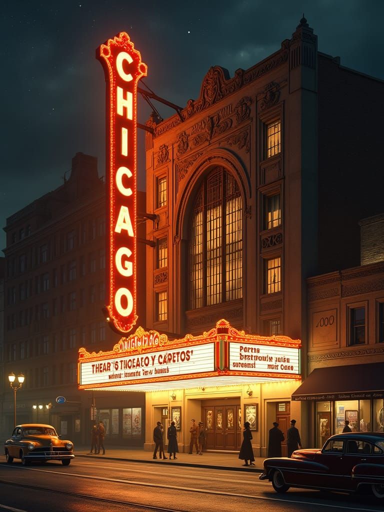Vintage Chicago Art Deco Theater at Night