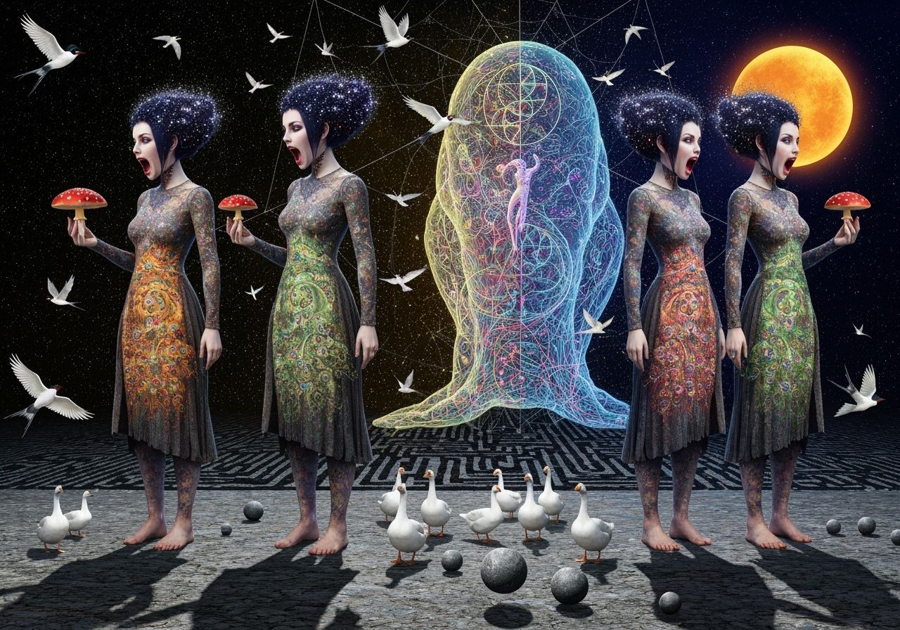 Goths Scream Amidst Cosmic Dreamscape with Swallows and Gees...